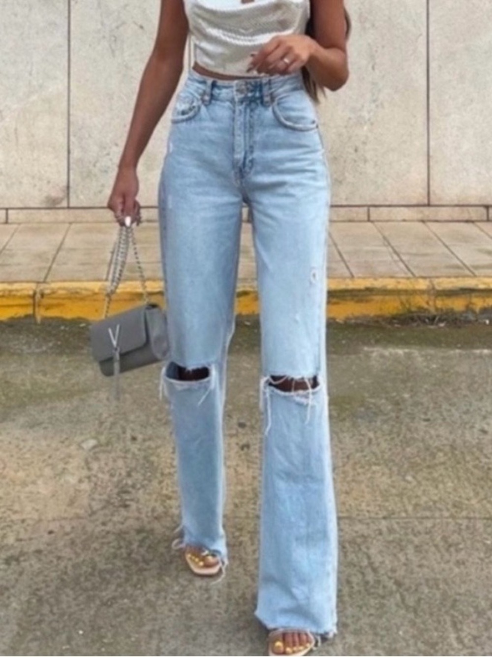 Zara Light Blue High-Waist Flare Ripped Jeans - Women